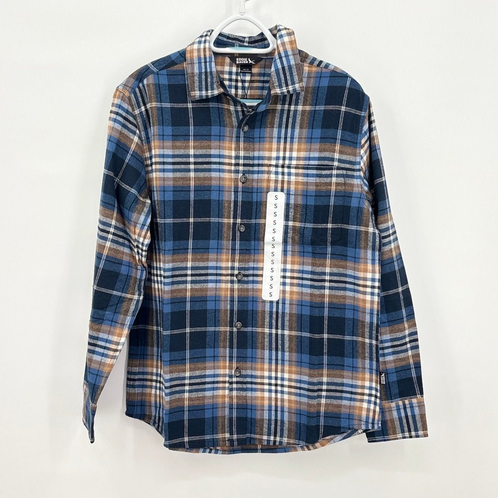 Eddie Bauer Mens Blue Plaid Flannel Shirt Long Sleeve Button Down EB008604 Small